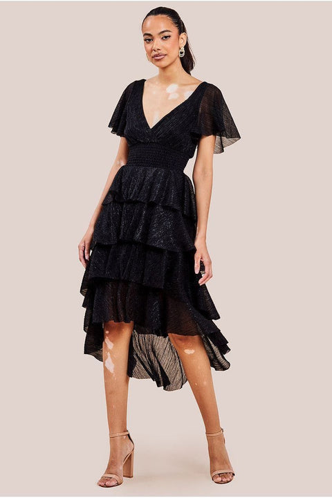 Crinkle Lurex High Low Layered Midi Dress - Black by Goddiva