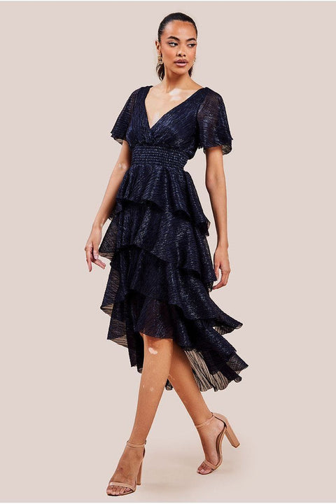 Crinkle Lurex High Low Layered Midi Dress - Navy by Goddiva