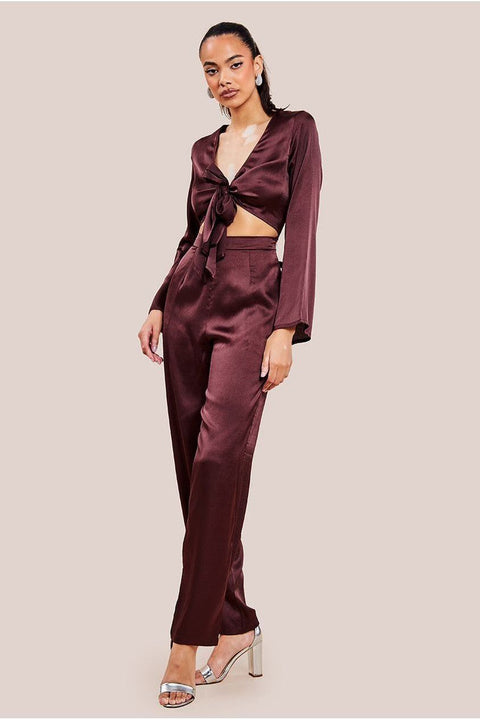 Cut Out Satin Jumpsuit - Brown by Goddiva