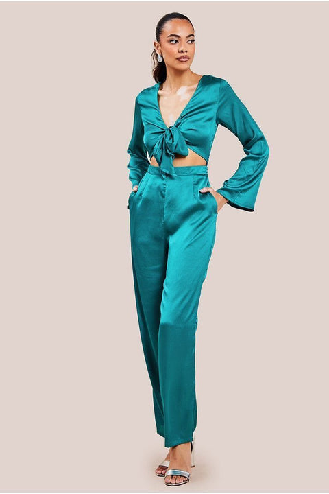 Cut Out Satin Jumpsuit - Emerald by Goddiva