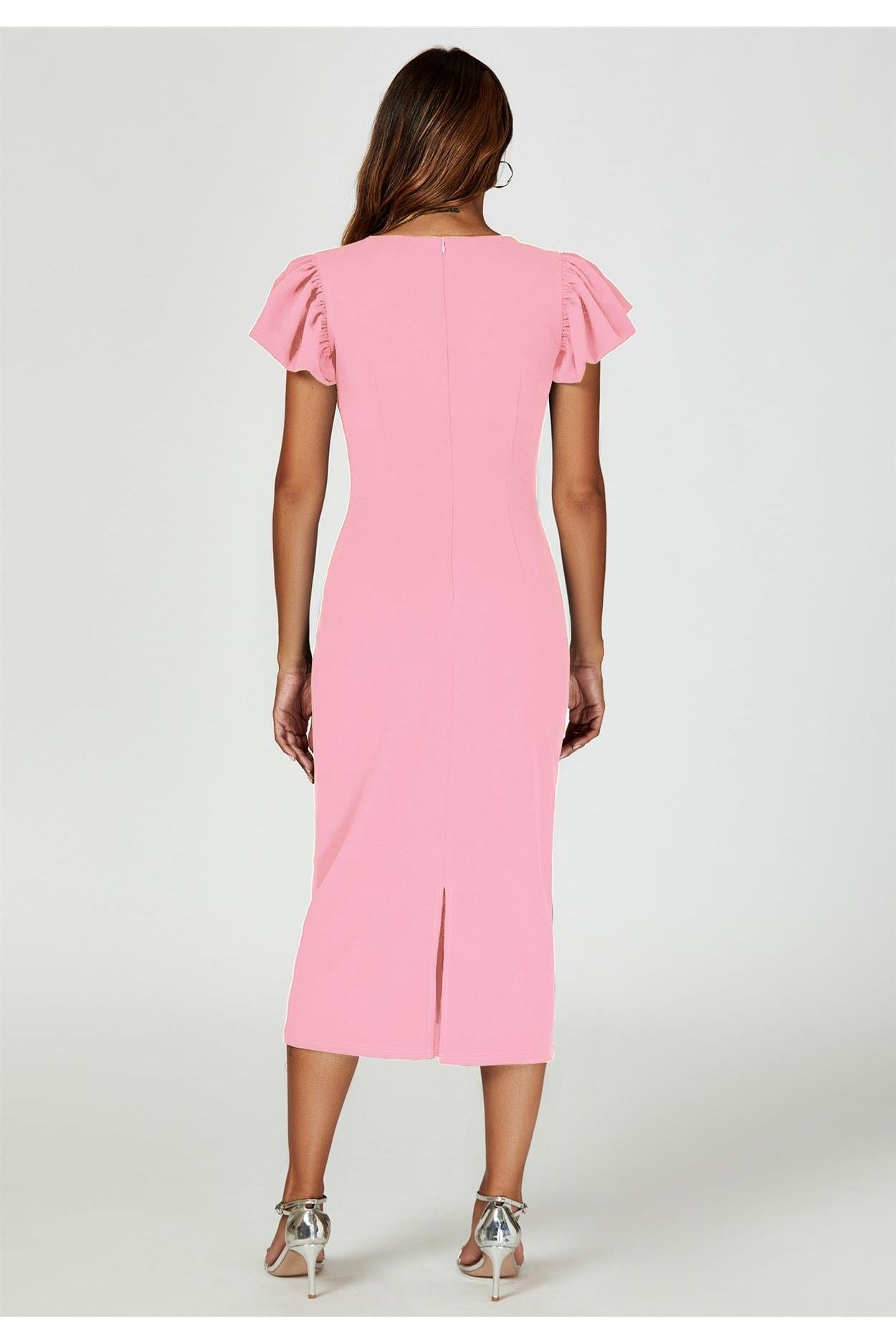 Volume Sleeve Bodycon Midi Dress In Pink FS770