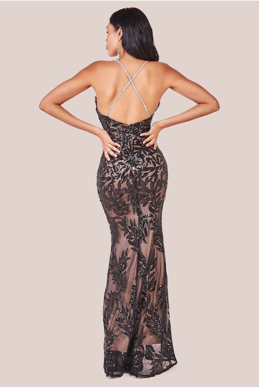 Cross Back Diamante Strap Sequin Maxi - Black DR4009