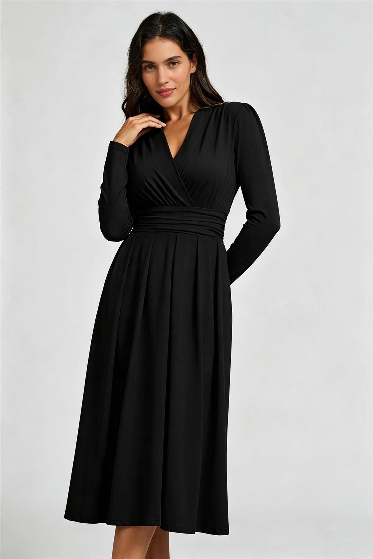 Jersey Long Sleeve Midi Dress In Black FS896