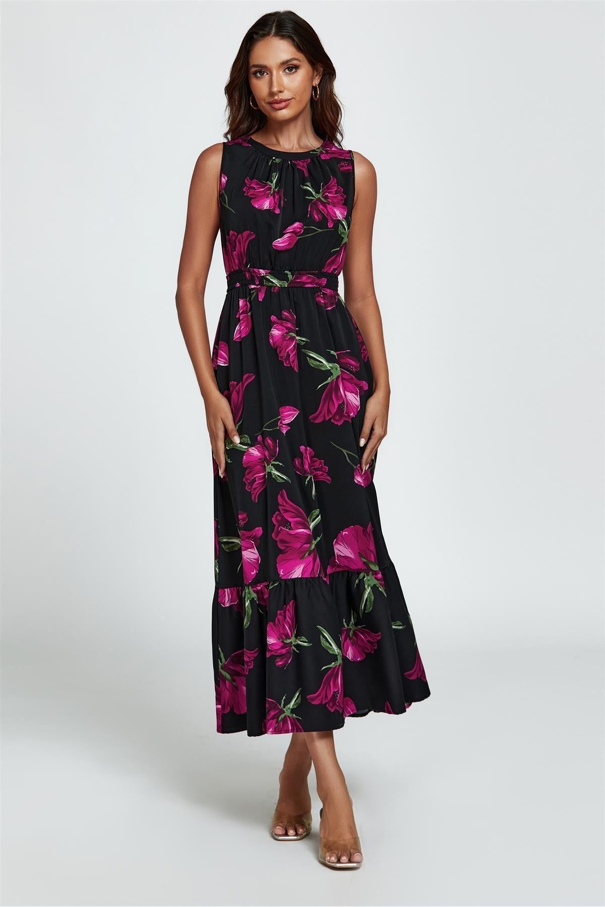 Floral Print Halterneck Maxi Dress In Black FS812-BM