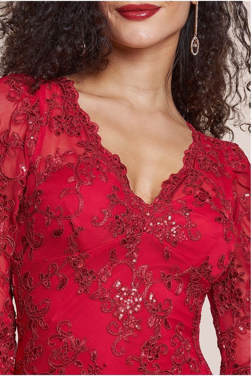 Scalloped Lace Maxi Dress - Red DR3897