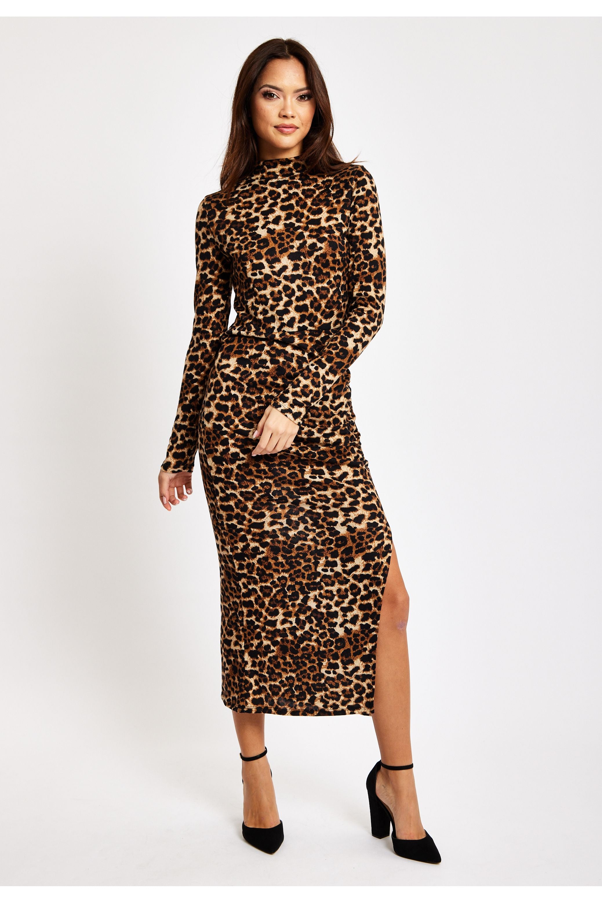 Brushed Knit Leopard Print Midi Dress With Front Slit LIQ23AW076LE