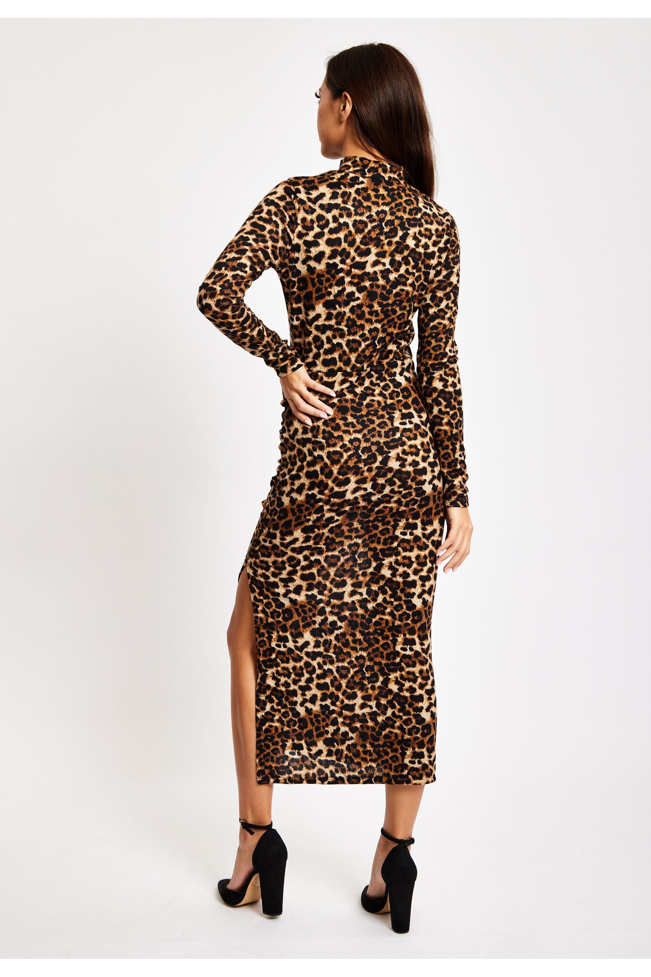 Brushed Knit Leopard Print Midi Dress With Front Slit LIQ23AW076LE