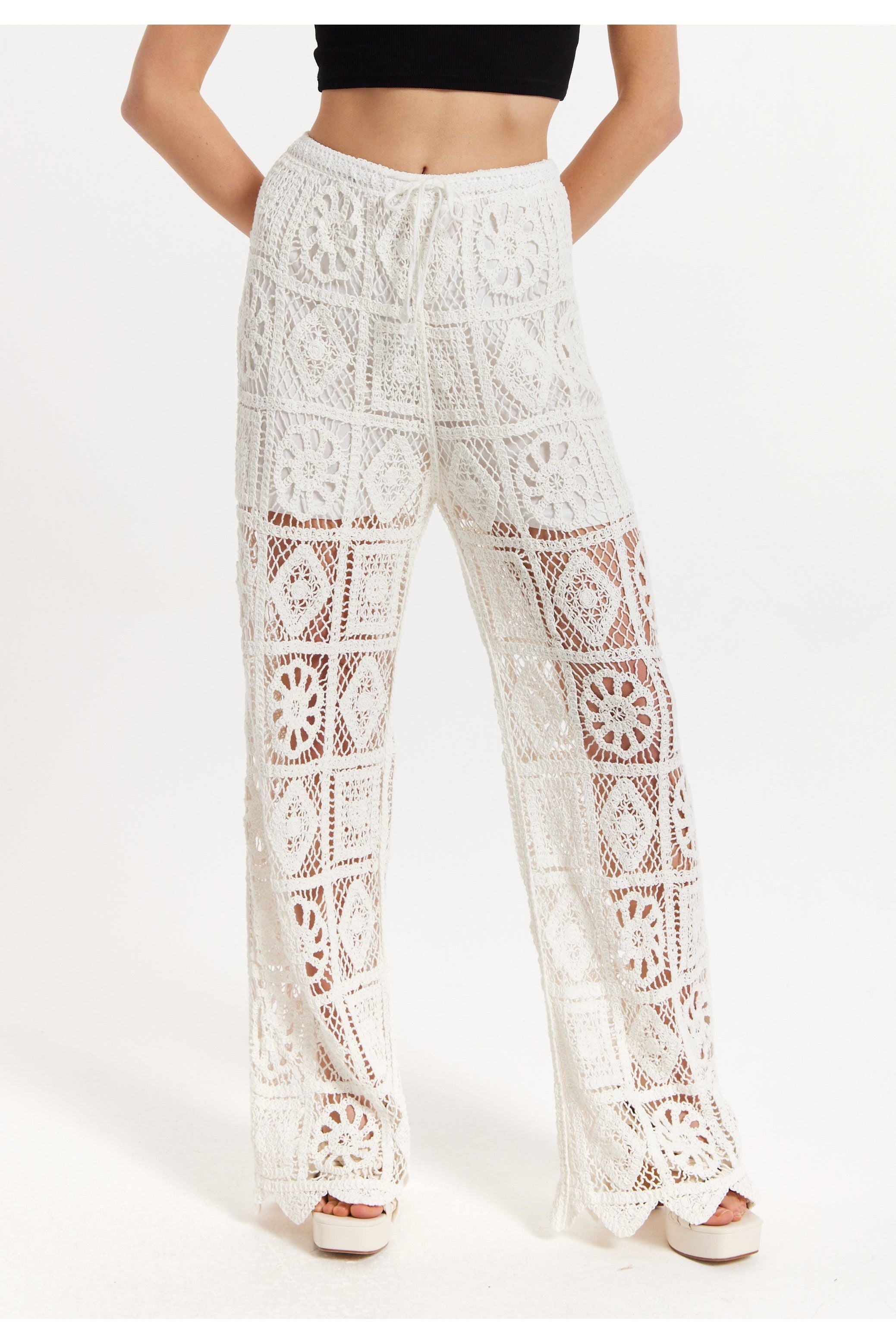 White Crochet Wide Leg Trousers 25SS-35002