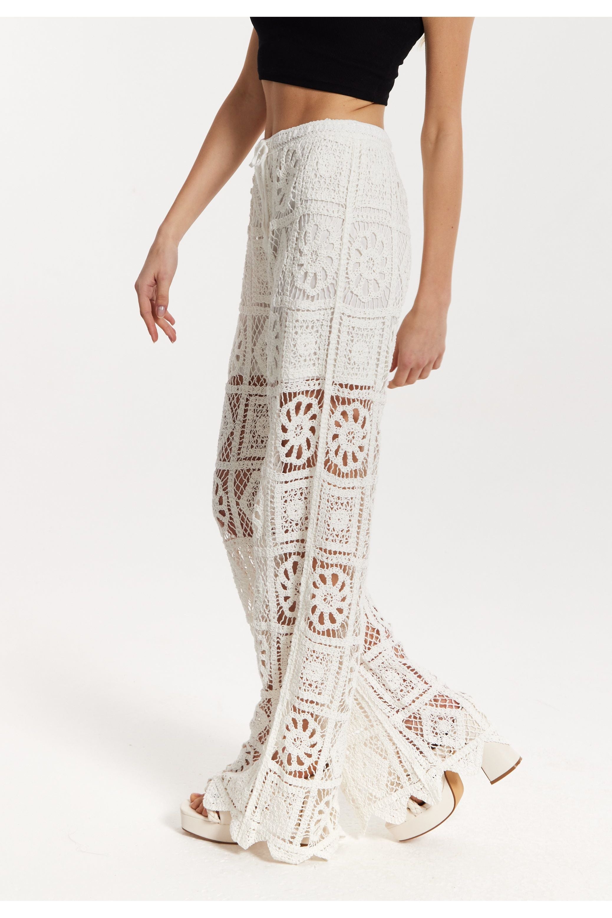 White Crochet Wide Leg Trousers 25SS-35002