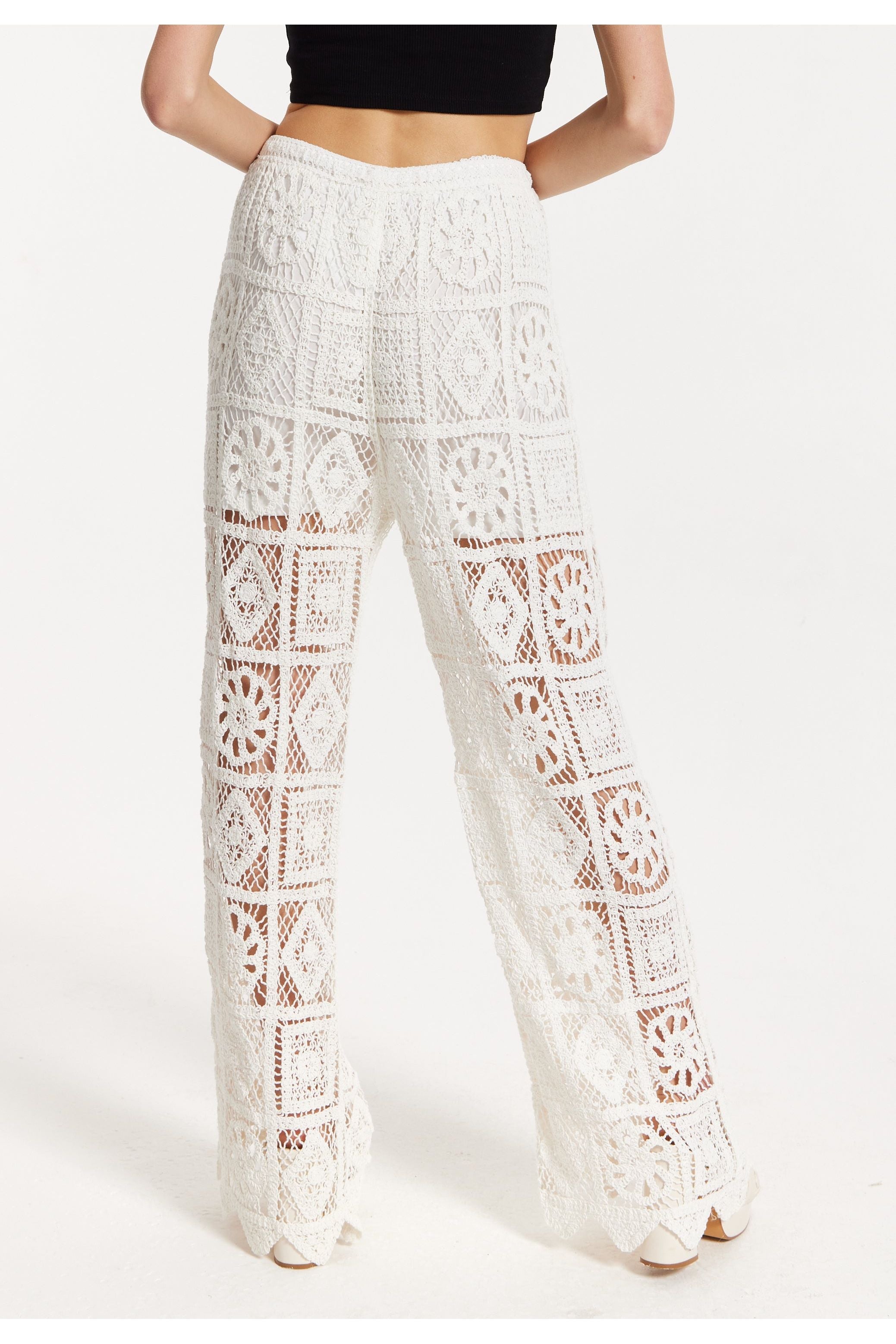 White Crochet Wide Leg Trousers 25SS-35002