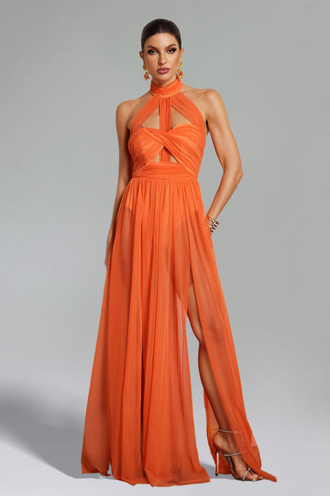 Rivka Halterneck Twist Mesh Maxi Dress by Bella Barnett