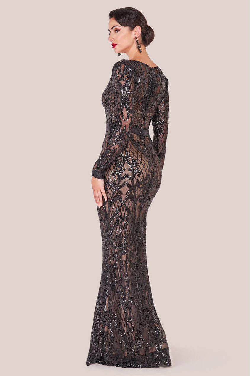 Sequin Square Neck Maxi With Scallop Hem - Black DR4038