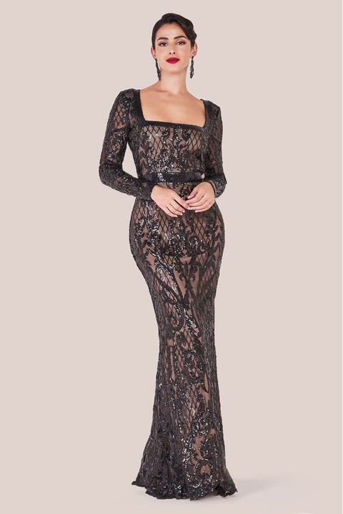 Sequin Square Neck Maxi With Scallop Hem - Black by Goddiva