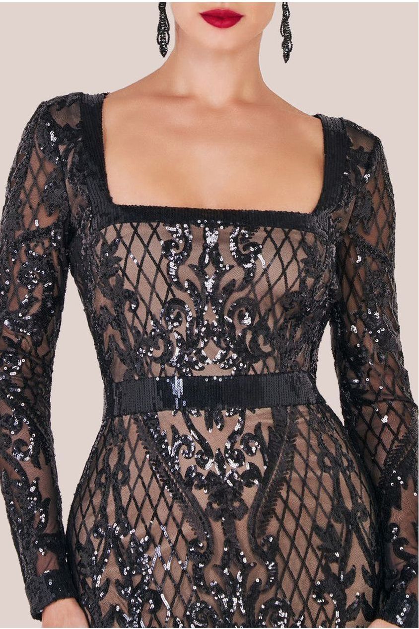 Sequin Square Neck Maxi With Scallop Hem - Black DR4038