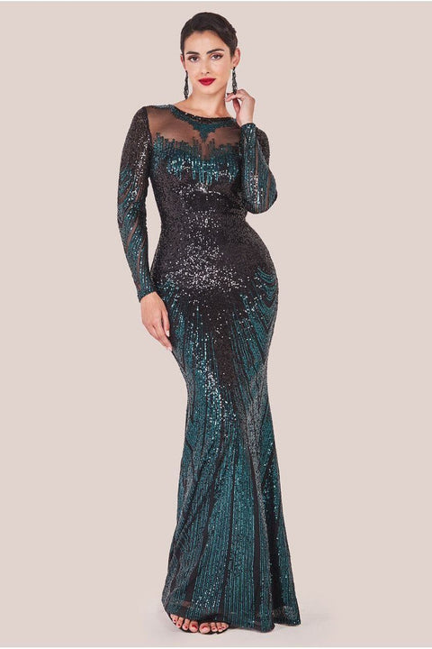 Long Sleeve Aztec Sequin Maxi Dress - Emerald Green by Goddiva