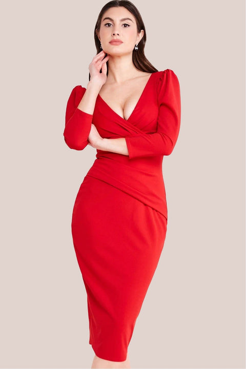 Front Wrap Pleated Scuba Midi Dress - Red by Goddiva