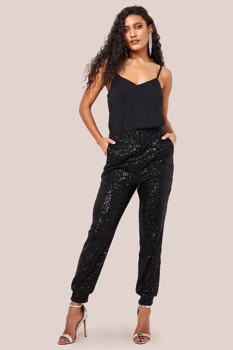 Sequin Cuffed Ankle Trouser - Black by Goddiva