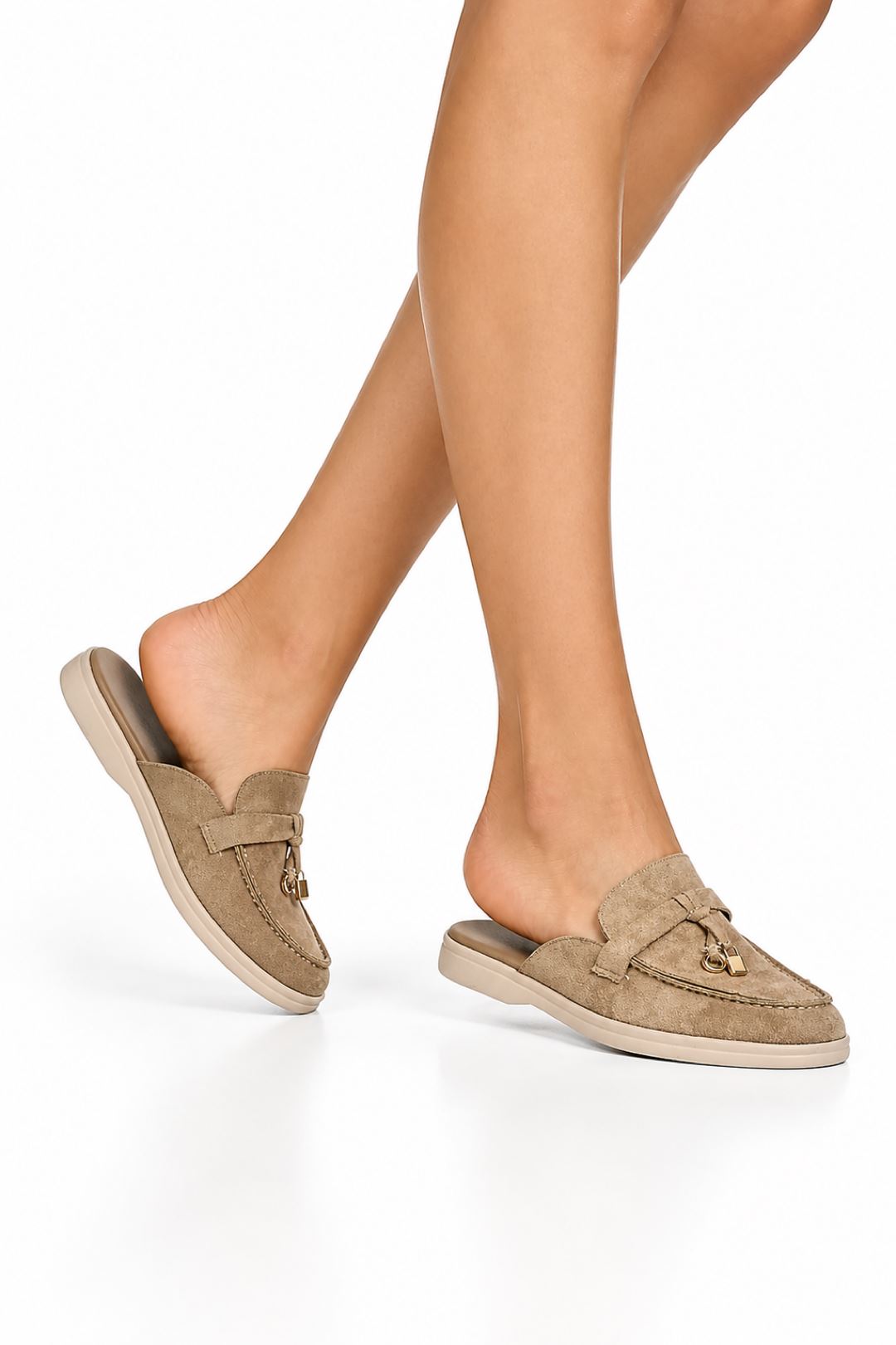 Adaloria Padlock Charm Backless Flat Loafers In Taupe Suede PANTHER2-TAUSU