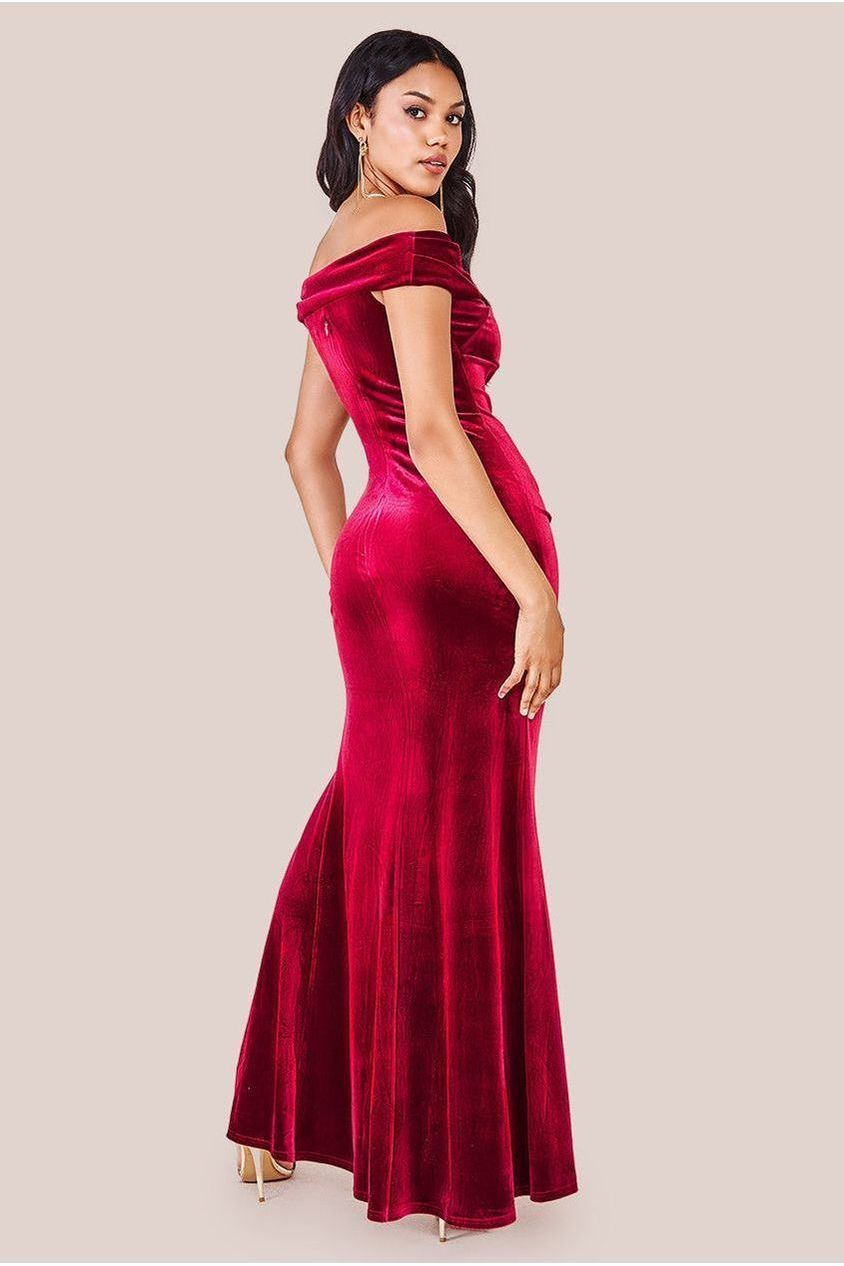 Velvet Bardot Maxi Dress With Split - Burgundy DR4076