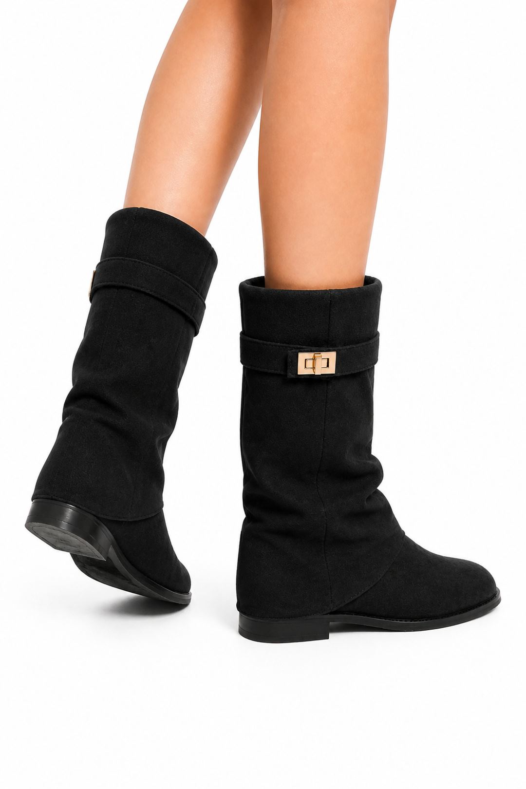 Isley Round Toe Gold Trim Buckle Fold Over Knee High Boots In Black Suede WISPA15-BLKSU