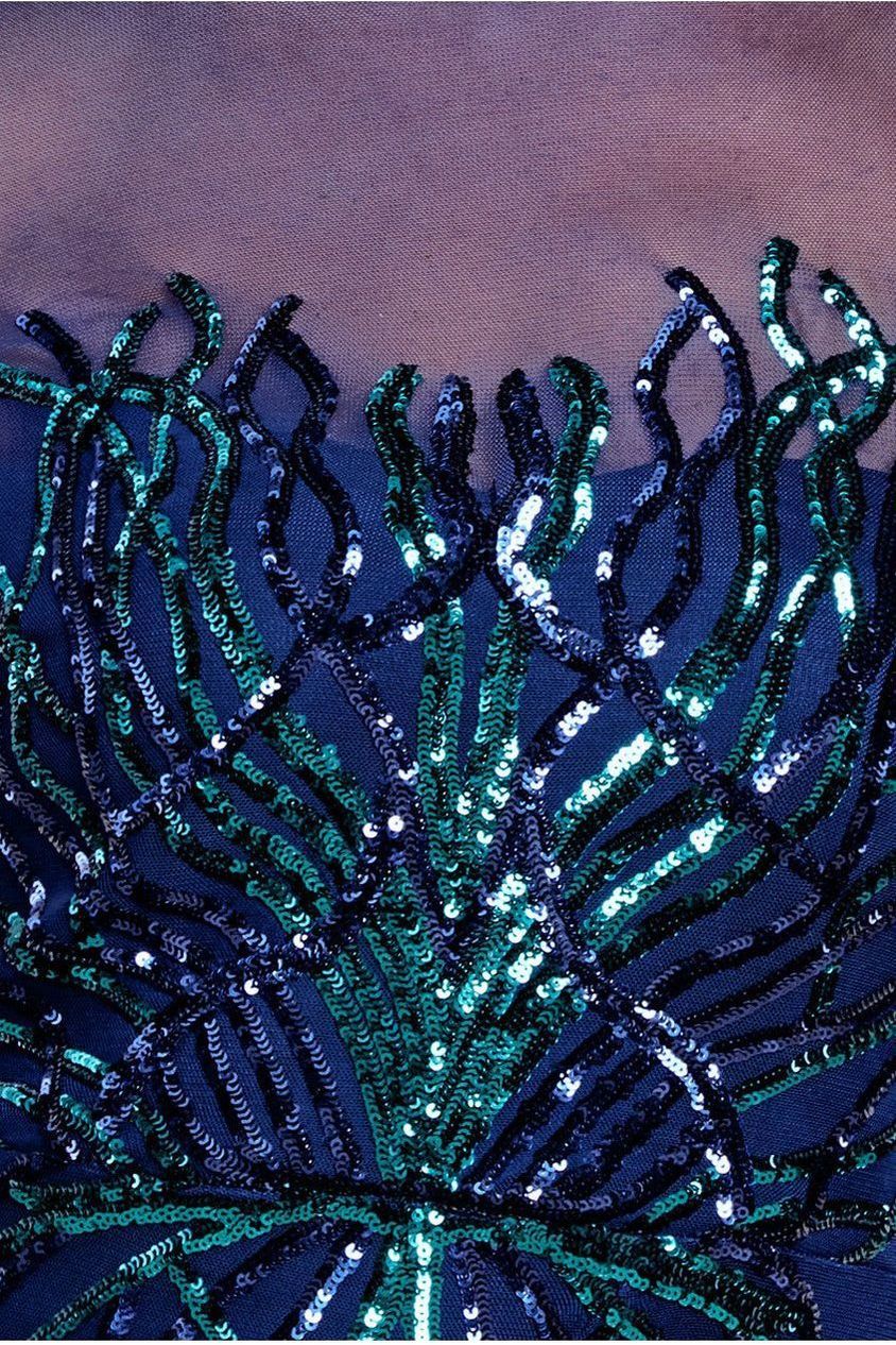 Long Sleeve Sequin Flame Midi Dress - Navy DR3605