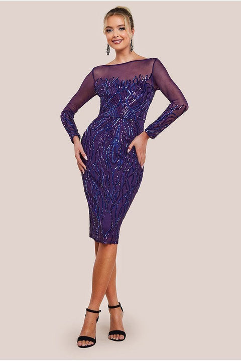 Long Sleeve Sequin Flame Midi Dress - Purple by Goddiva