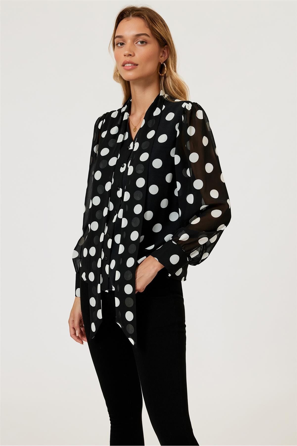 Dot Print Tie Detail Long Sleeve Blouse Top In Black FS625