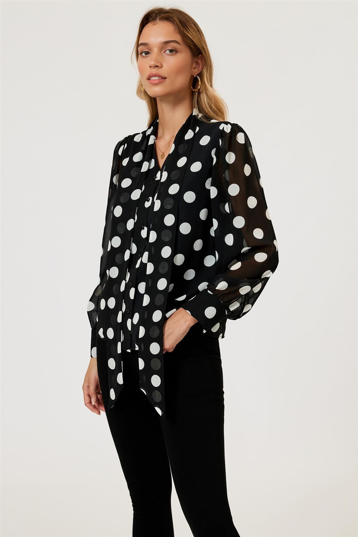 Dot Print Tie Detail Long Sleeve Blouse Top In Black FS625