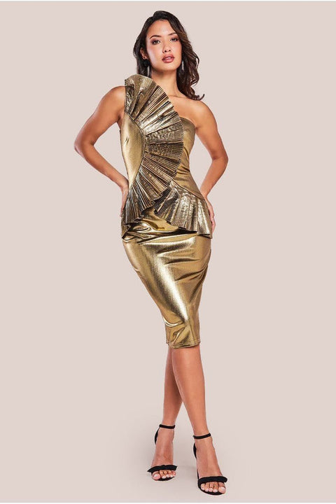 One Shoulder Pleated Fan Midi Dress - Gold by Goddiva