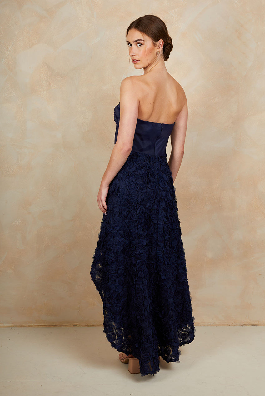 3D Floral Dip Hem Dress In Navy MO2415NB