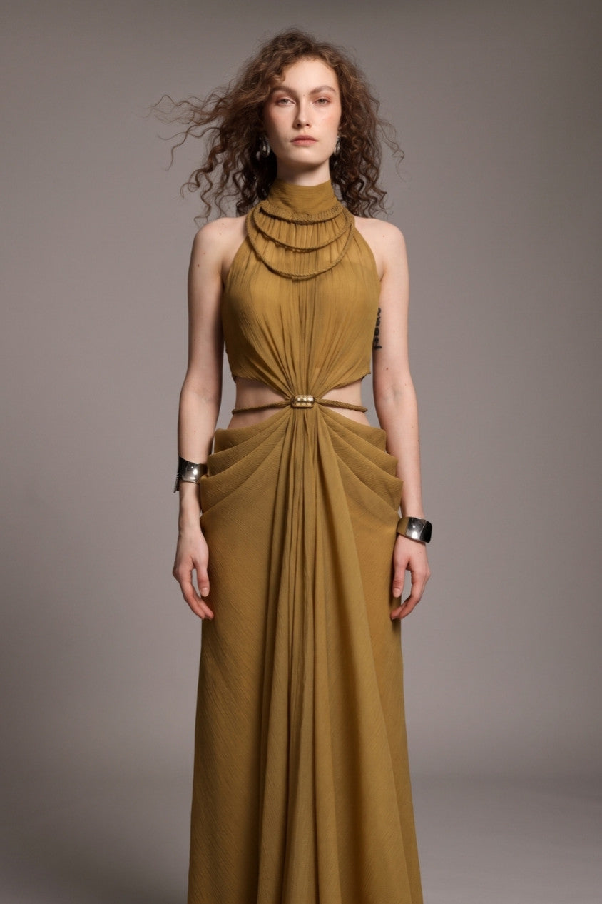 High-Neck Braided Cut-Out Draped Chiffon Maxi Dress R2510HB025