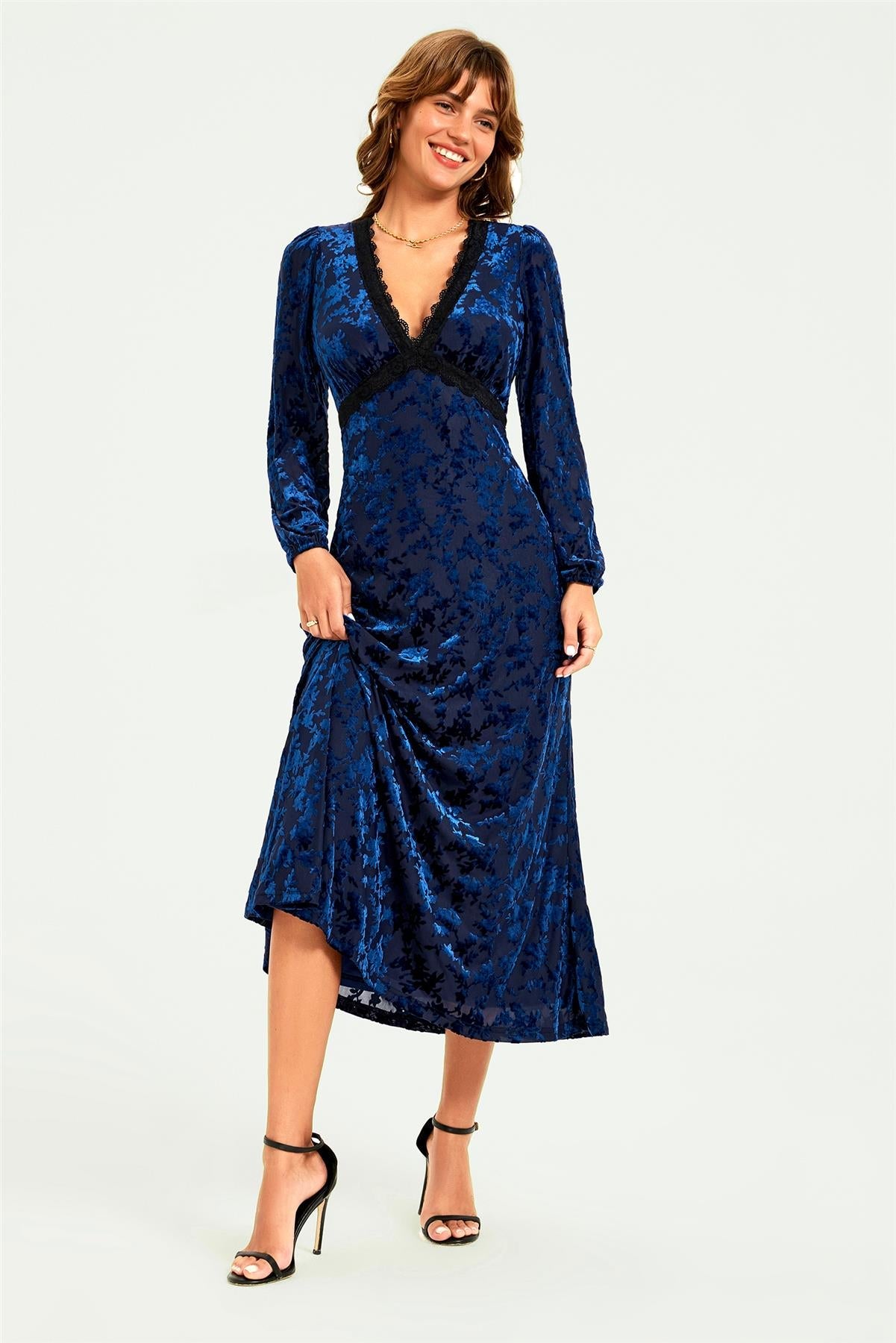 Floral Velvet Devore Lace Trim Neckline Midi Dress In Navy FS903-NVF