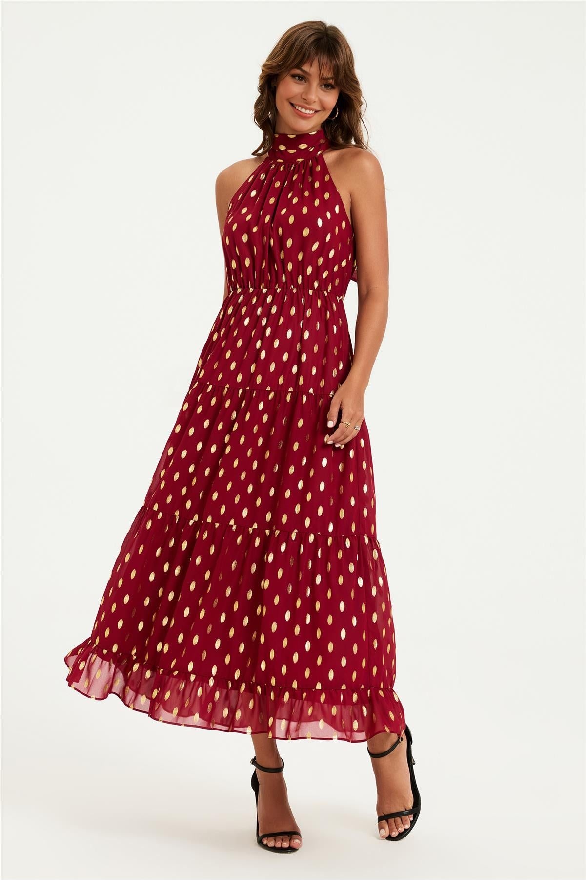 Gold Foil Halter Neck Tie Back Midi Dress In Wine FS905-WG