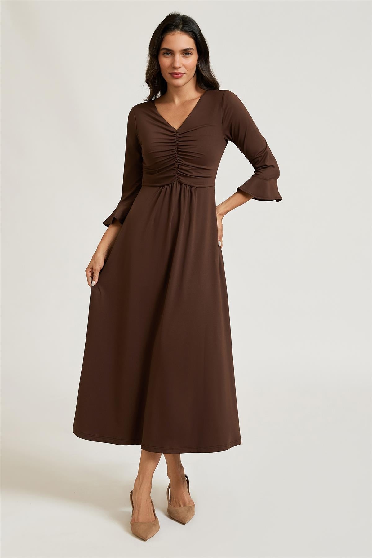 Fluted Sleeves Ruched Jersey Midi Dress In Brown FS992