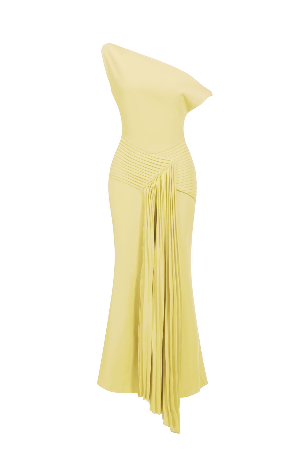 Paulina Oblique Shoulder Sleeveless Folds Yellow Midi Dress C250300341