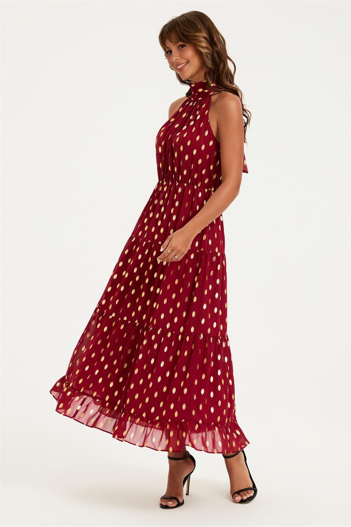 Gold Foil Halter Neck Tie Back Midi Dress In Wine FS905-WG