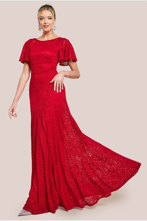 Flutter Sleeve Lace A-Line Maxi Dress - Red by Goddiva