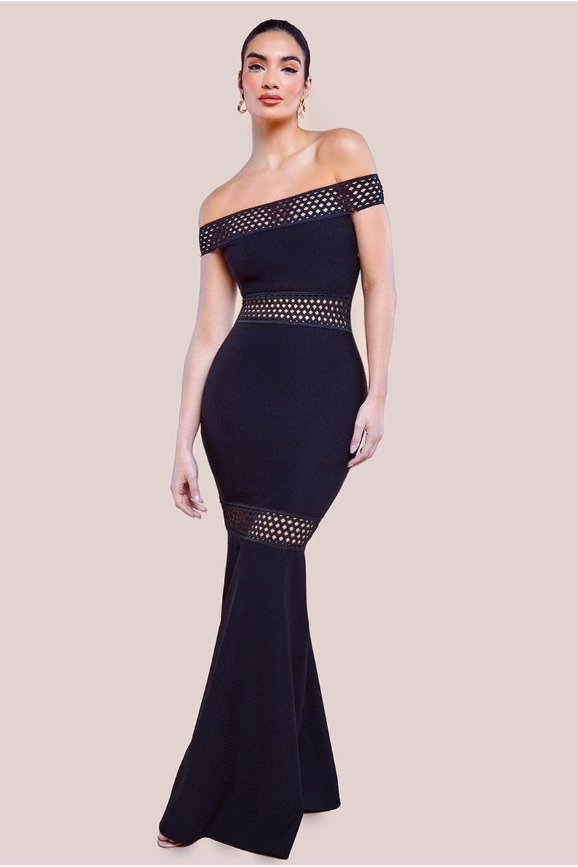 Off The Shoulder Ribbed Bodycon Maxi Dress - Black DR4370