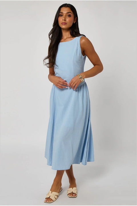 Blue Linen-Look Sleeveless Smock Dress by Urban Bliss