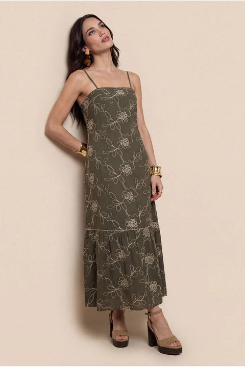 Embroidered Maxi Dress Khaki by Urban Bliss