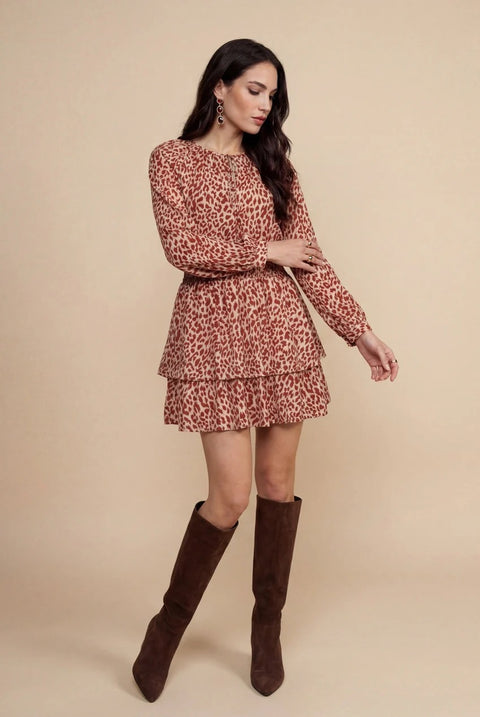 Animal Metallic Mini Dress Rust Pattern by Urban Bliss