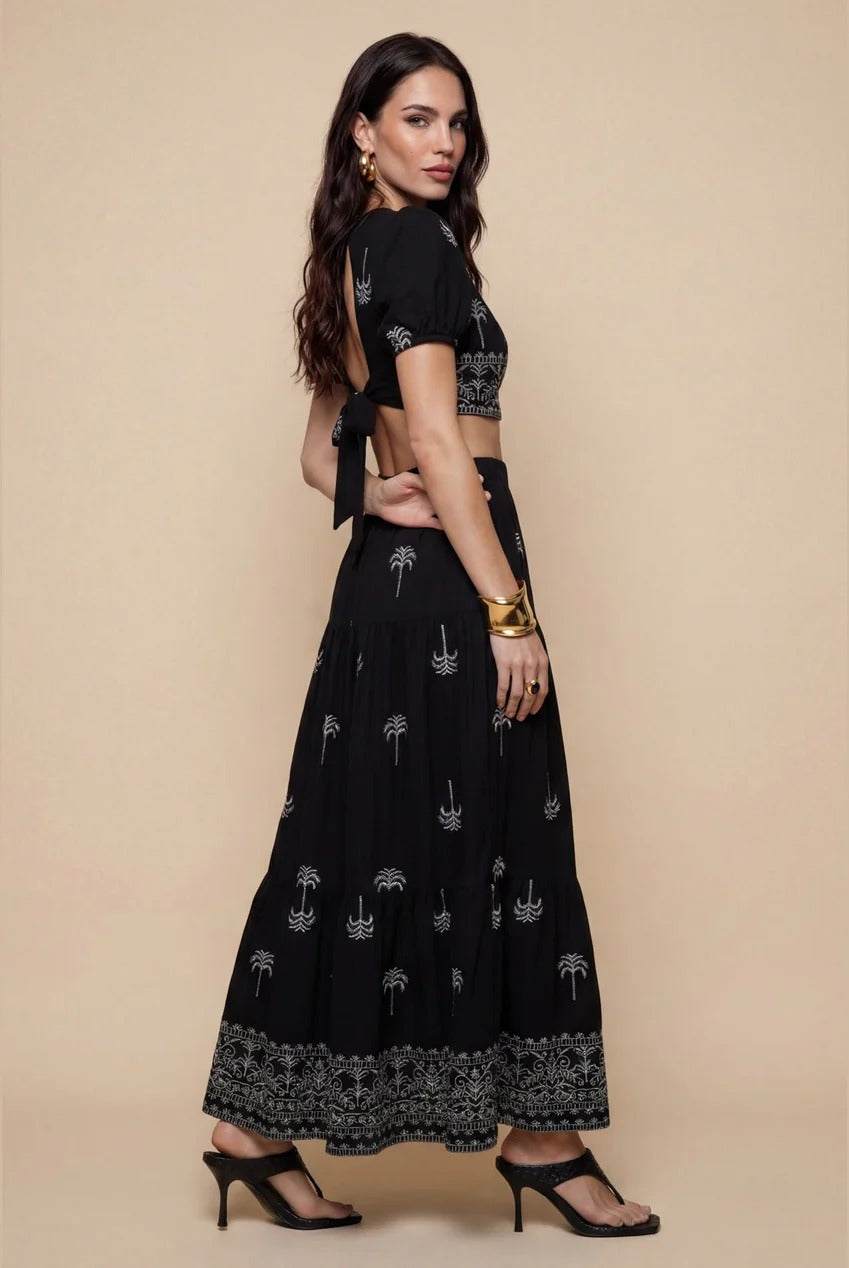 Open Pen Back Tiered Maxi Dress Black Pattern 40DRS38706-c1