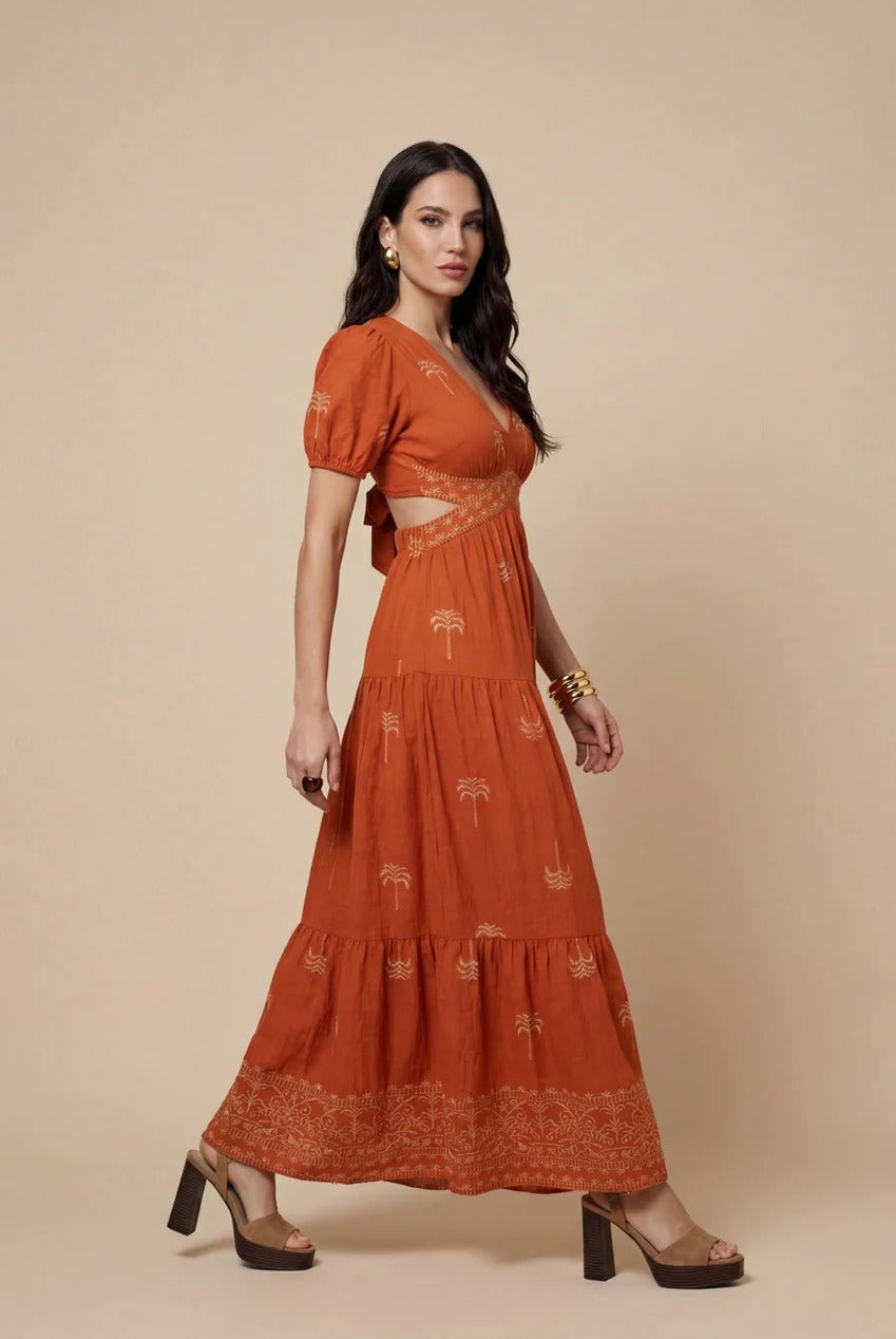 Open Back Tiered Maxi Dress Rust Pattern 40DRS38706-c81