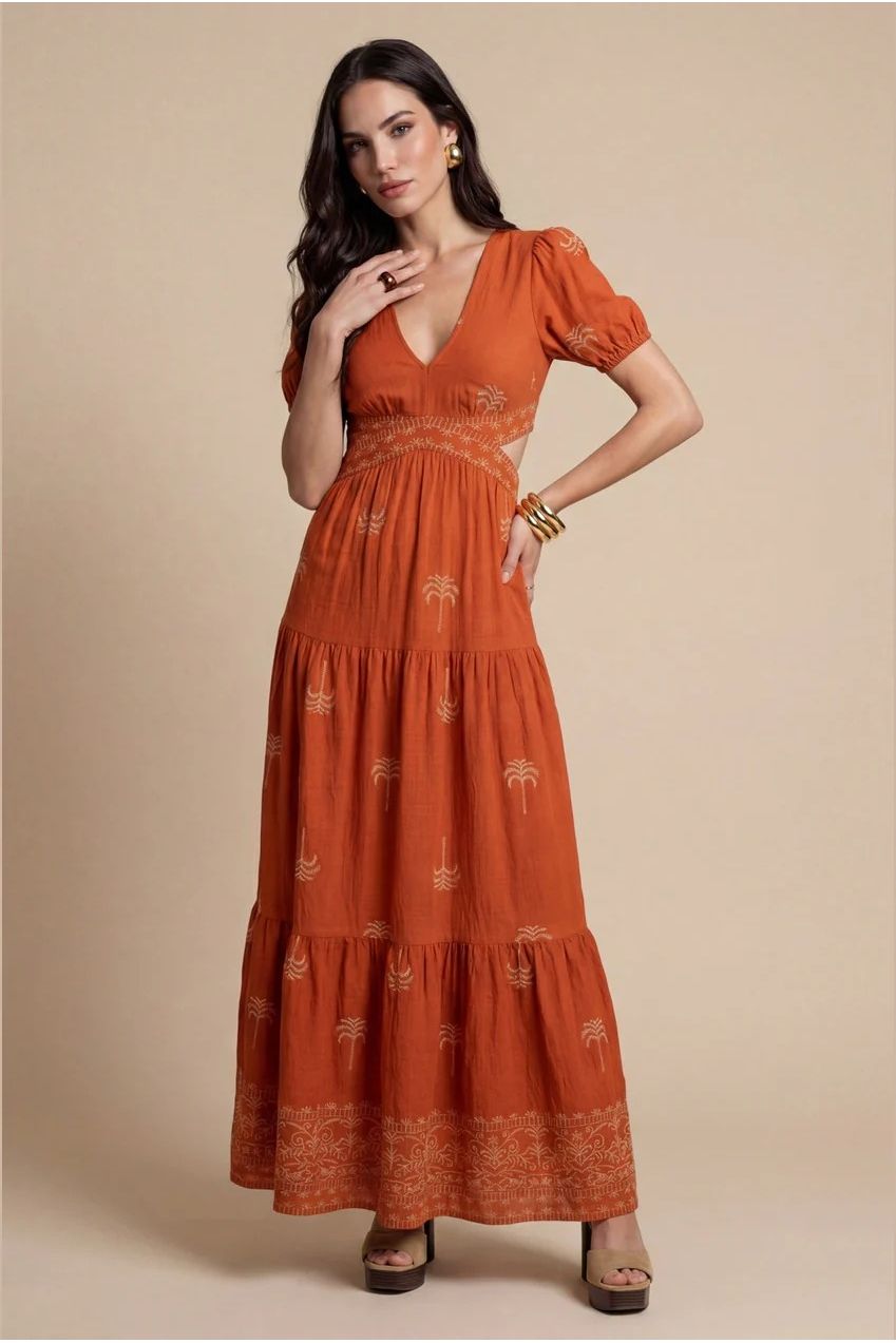 Open Back Tiered Maxi Dress Rust Pattern 40DRS38706-c81