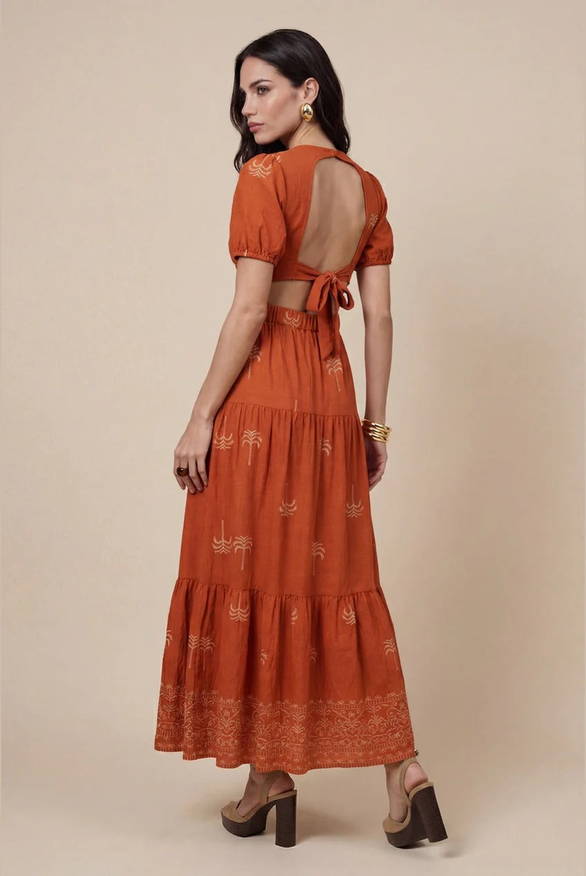 Open Back Tiered Maxi Dress Rust Pattern 40DRS38706-c81