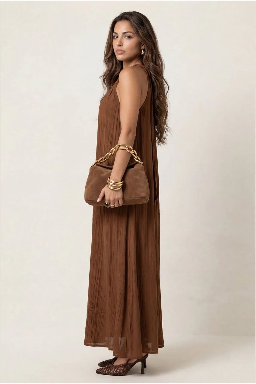 Braided Neck Trim Maxi Dress Tan 40DRS38825-c18