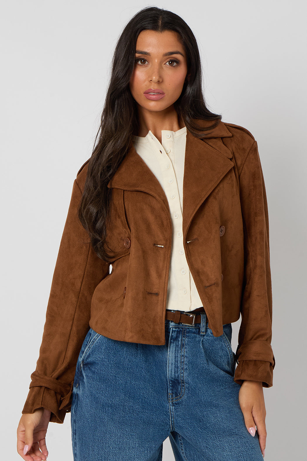 Brown Cropped Faux Suede Jacket 40JKT37123-c24