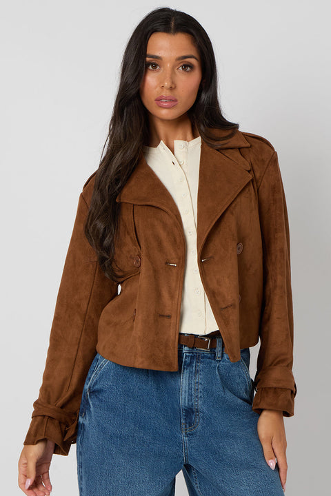 Brown Cropped Faux Suede Jacket by Urban Bliss