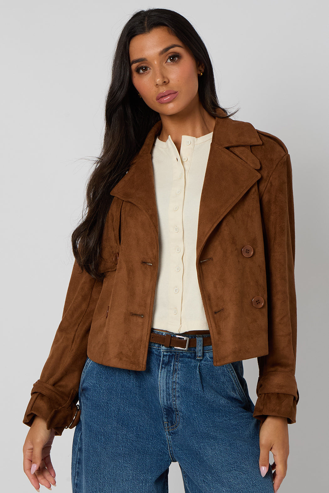 Brown Cropped Faux Suede Jacket 40JKT37123-c24