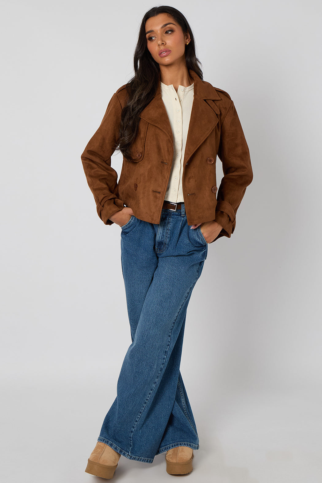 Brown Cropped Faux Suede Jacket 40JKT37123-c24